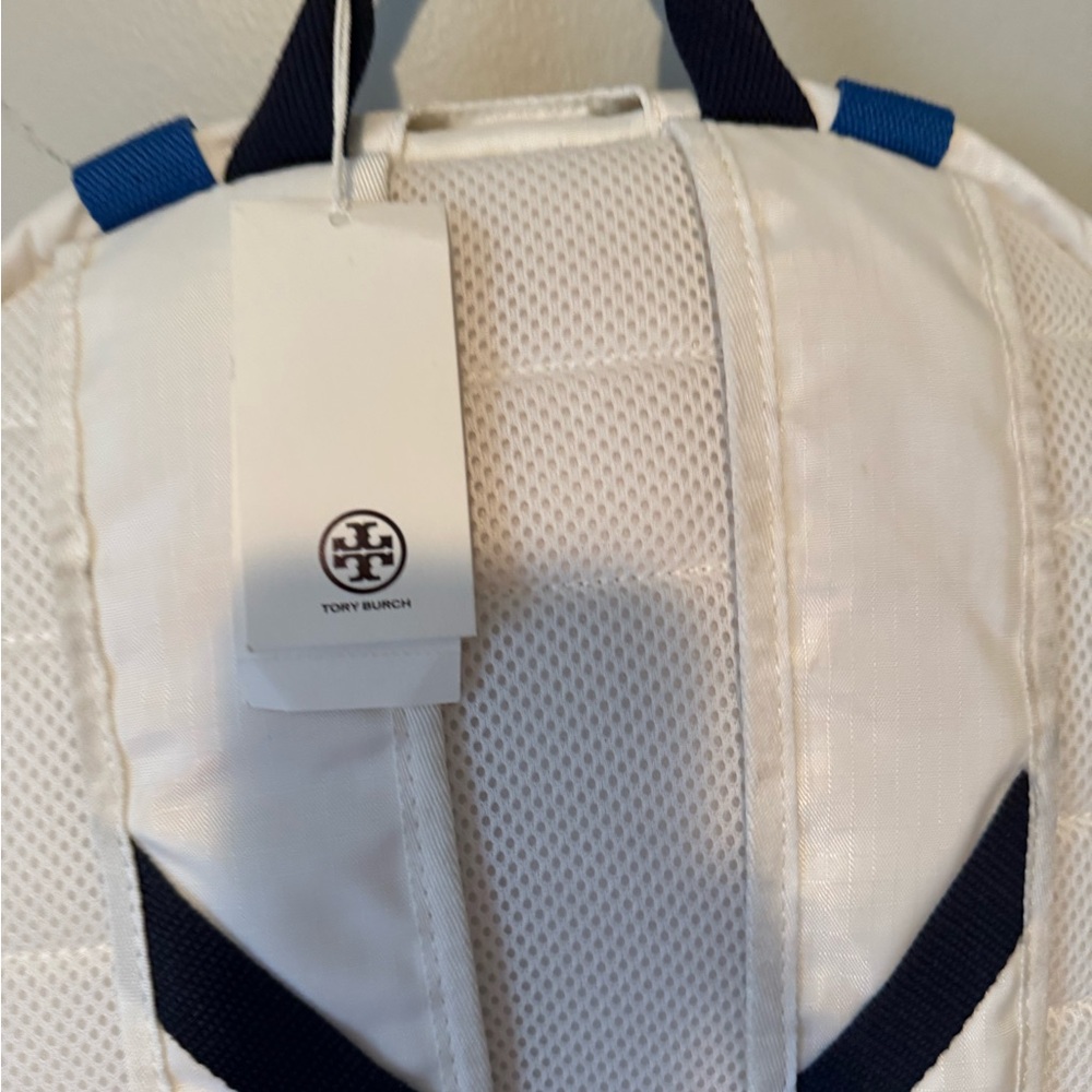 Tory Burch Ripstop White Backpack with Orange, Blue, and Yellow Details - Picture 4 of 8